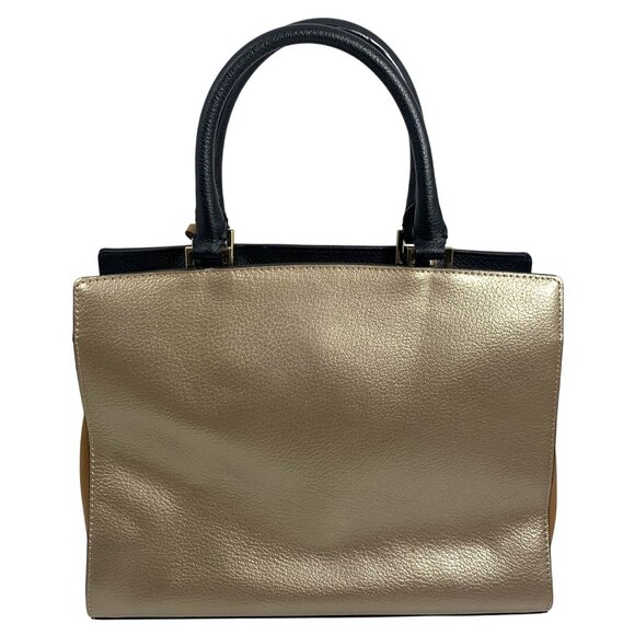 Calvin Klein Black Metallic Gold Tan Structured Satchel Buckle Lock Key EUC - Picture 5 of 16